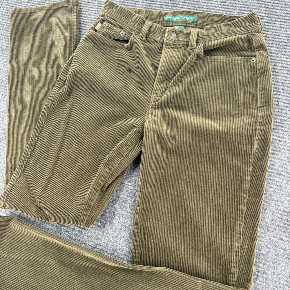 Lauren Ralph Lauren Womens 2 Olive Green Stretch Corduroy Straight Leg Pants h